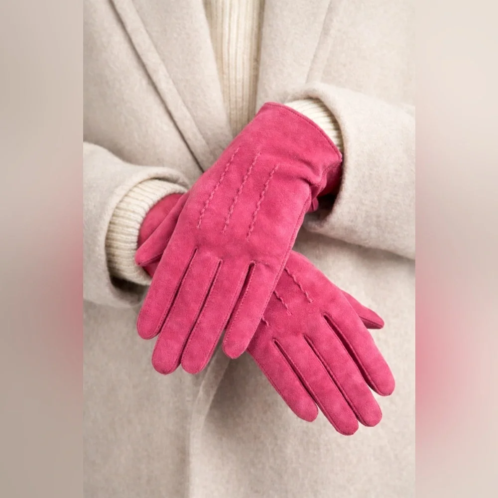 NWT J.Crew Italian Suede Tech-Touch Gloves Cashmere lined Fuchsia Pink sz Small
